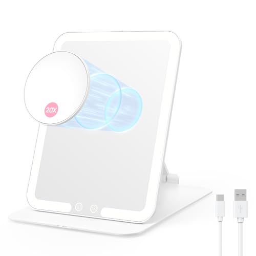 Foldable Travel Makeup Mirror with Lights & 20X Magnifying, White | Rechargeable LED Vanity Mirror, Height & Angle Adjustable, 3-Colors Lighting, Smart Auto Sensor, Portable Tabletop Mirror - color: White