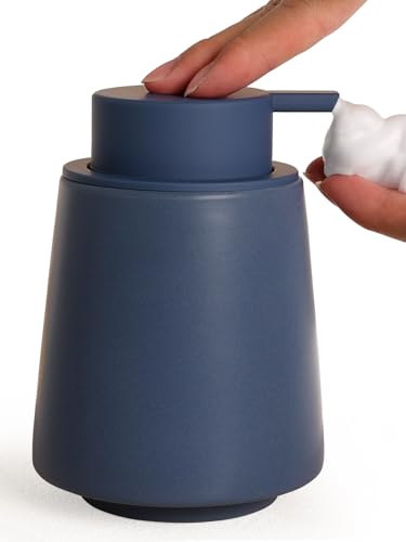INGOFIN Ceramic Foaming Soap Dispenser -14 oz Foam Hand Soap Dispenser Bathroom, Modern Refillable Dish Wash Bottle for Kitchen with Large Pump, Matte Blue - color: Blue-foam