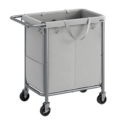 SONGMICS Laundry Basket with Wheels, 2-Section Rolling Laundry Hamper, 37 Gallons (140 L), Removable Liner, Steel Frame with Handle, 27.2 x 15.4 x 31.9 Inches, Dove Gray URLS004G01 - color: Dove Gray, size: 140 L (2-Section)