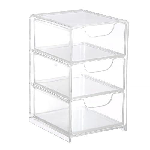 Hipiwe Clear Acrylic Drawer Organizer Bathroom Qtip Holder with 3 Drawers | Clear Desk Drawers Box for Cotton Pad, Cotton Swabs, Makeup Storage Drawer Bathroom Counter Organizer for Home Office