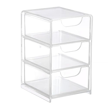 Hipiwe Clear Acrylic Drawer Organizer Bathroom Qtip Holder with 3 Drawers | Clear Desk Drawers Box for Cotton Pad, Cotton Swabs, Makeup Storage Drawer Bathroom Counter Organizer for Home Office