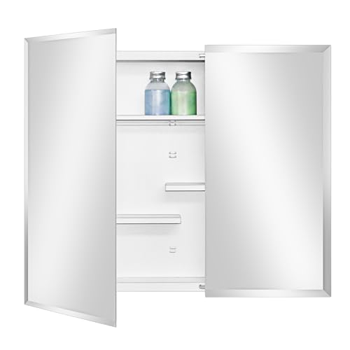 White Metal Double Door Medicine Cabinet 30 x 24 Beveled Mirror, Wall Mount | Double Door Metal Mirror Cabinet with Adjustable Staggered Shelves, Piano Hinge, Fully Assembled, Recessed / Surface Mounting - color: White, size: 30 x 24