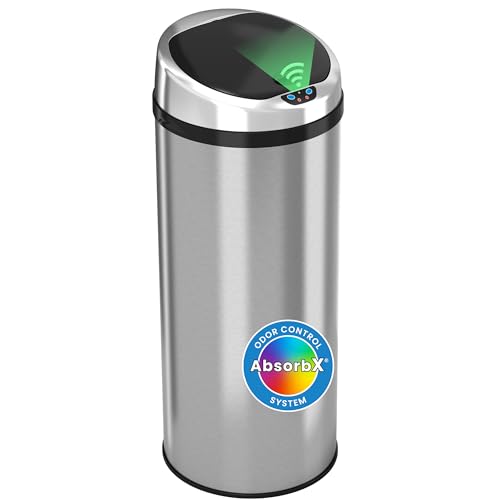 iTouchless 13 Gallon Touchless Sensor Kitchen Trash Can with Odor Control System, Brushed Stainless Steel, Round Garbage Bin for Home or Office - IT13RCB - color: Silver, 13 Gal