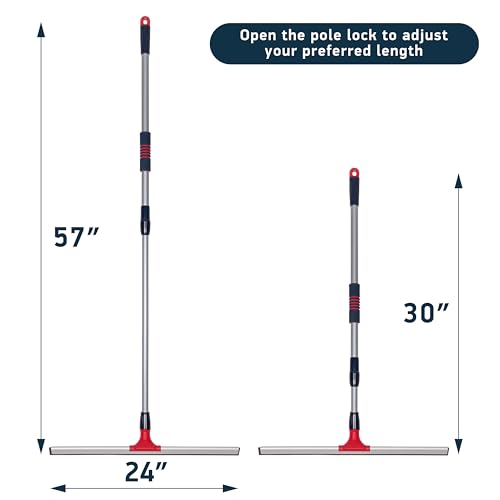 Professional Floor Squeegee for Concrete Floor, 24" Large Heavy Duty Squeegee for Floor, Squeegee Broom for Floor with Telescopic Handle 30”–57” for Tiles, Garage, Deck, Bathroom, Window