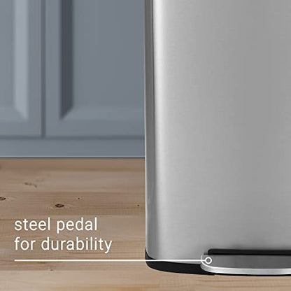 happimess Connor 2-Piece Stainless Steel Trash Can, Platinum Silver | 13.2 and 1.3 Gallons, Rectangular, Soft-Close Lid, Fingerprint Resistant, Step Pedal, 20 Liners, 26" and 12" Height - color: Stainless Steel