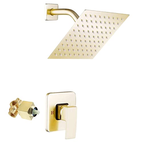 Brushed Gold Shower Faucet GGStudy Single Function Shower Trim Kit with Rough-in Valve Shower Set Bath Rainfall Shower Faucet System 8inch Square Stainless Steel Metal Shower Head - color: Brushed Gold, style: Square
