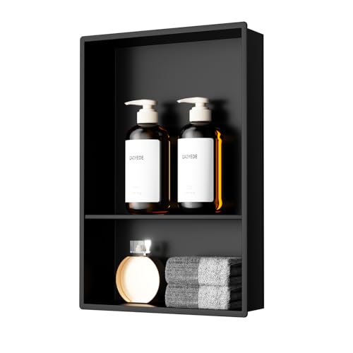 QAOYEDE Shower Niche 18"x12", Stainless Steel 2 Layer Niche for Shower Wall No Tile Needed, Matte Black Bathroom Wall Soap Niche, Recessed Shower Caddy Organizer Storage - color: Matte Black, size: 12x18 Inch