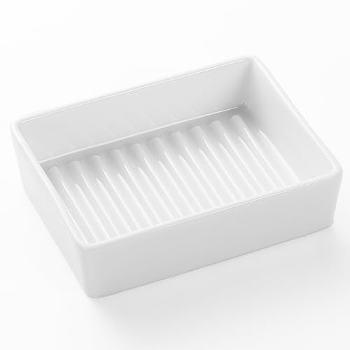 White Rectangle Soap Dish - Modern Ceramic Hand Soap Holder Non-Slip Bar Soap Holder Soap Tray for Bathroom, Kitchen Sink, Shower, Countertop, Easy to Clean - color: White