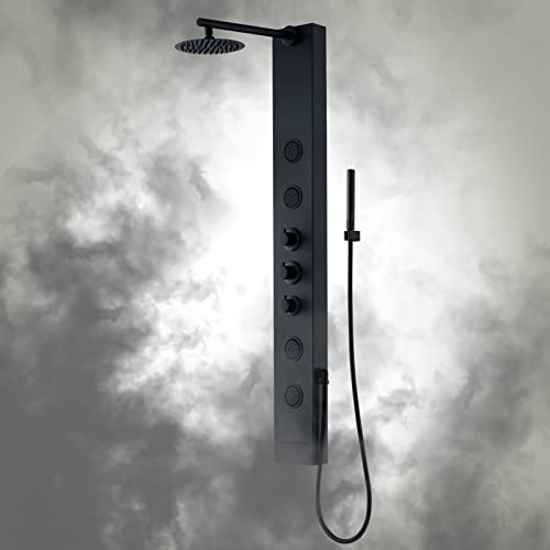 Achelous Round Rainfall Shower Head Panel System with Thermostatic,Stainless Steel High Pressure Turbo Body Jets Waterfall Shower Tower,Brass Handheld Wand in Matte Black - style: Round