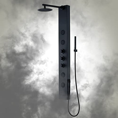Achelous Round Rainfall Shower Head Panel System with Thermostatic,Stainless Steel High Pressure Turbo Body Jets Waterfall Shower Tower,Brass Handheld Wand in Matte Black - style: Round