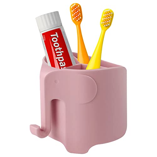 Elephant Toothbrush Holder for Toddler, Suction Cup Cute Toothbrush Holder for Kids, for Bathroom, with 3 Slots and 1 Hook, Pink - color: Pink