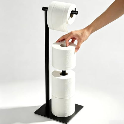 Black Toilet Paper Holder Stand Metal Toilet Paper Roll Holder with Reserve, Freestanding TP Holder Toilet Paper Storage Holder