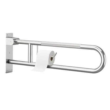 30'' Flip-Up Toliet Grab Bar with Paper Holder, Anti-Slip Knurled Grip | Stainless Steel U-shaped Wall Mounted Toilet Safety Rail, Designed for Seniors, Disabled & Post-surgery Bathroom Assistance - size: 30 Inch