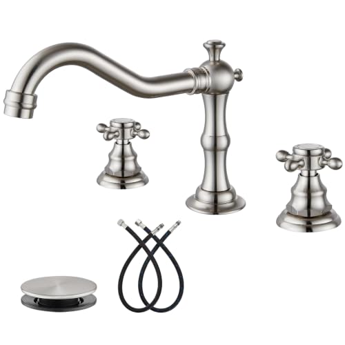 gotonovo 3 Hole 8’’ Widespread Bathroom Sink Faucet Brushed Nickel | Vintage Bathroom Faucet,2 Cross Handle,6-16’’ Sink,Vanity,Basin,RV,Farmhouse,SUS304,24’’ cUPC Hose Pop Up Drain,Deck Mount - color: Nickel