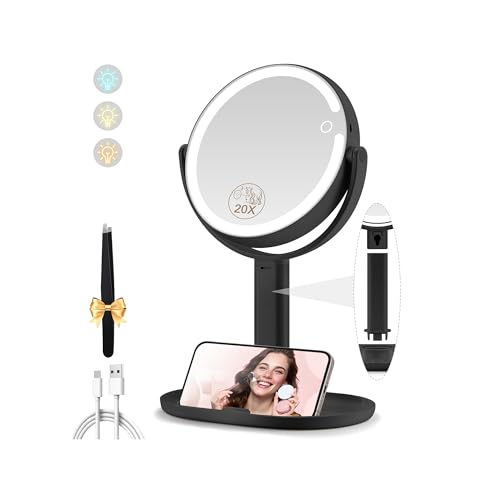 MOMOKUBA Makeup Mirror with Lights, 20X Magnifying Mirrors, Height Adjustable, Vanity Mirror with Lights Rechargeable 3 Color Modes, Double-Sided Detachable Travel Mirrors, Gift for Women (Black) - color: Dark