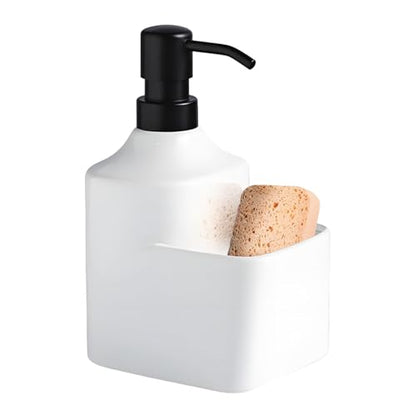 Gets Soap Dispenser White Ceramic Pump Bottle with Storage Holder | Countertop Liquid Hand Wash Bottle with Organizer Tray for Bathroom, Kitchen, Refillable Modern Dispenser for Vanity Sink - size: White With Sponge Holder