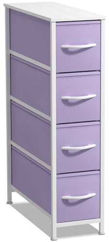 Sorbus Kids Narrow Dresser with 4 Drawers - Vertical Slim Storage Chest of Drawers with Steel Frame, Wood Top & Easy Pull Fabric Bins for Small Spaces, Closets, Bedroom, Bathroom & Laundry - color: Pastel Purple, style: 4 Drawer