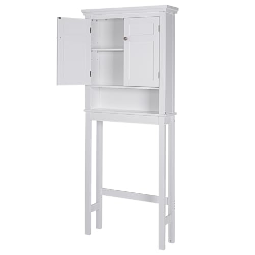 Spirich Over The Toilet Storage Cabinet, White Bathroom Organizer | Shaker Doors, Open & Hidden Storage, Adjustable Interior Shelf, FSC-Certified MDF, Anti-Tip Fitting, Adjustable Crossbar
