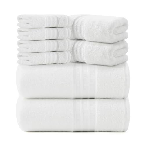 REDKISS 8 Piece White Towels Set - 100% Cotton Towels Set with 2 Large Bath Towels, 2 Hand, 4 Washcloths, 600 GSM Highly Absorbent Bath Towel Sets, White Quick Dry Shower Towel for Family Dorm Gym - color: White