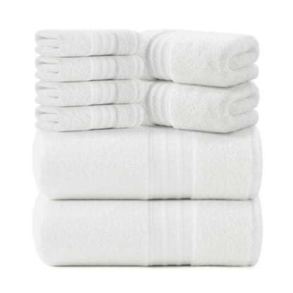 REDKISS 8 Piece White Towels Set - 100% Cotton Towels Set with 2 Large Bath Towels, 2 Hand, 4 Washcloths, 600 GSM Highly Absorbent Bath Towel Sets, White Quick Dry Shower Towel for Family Dorm Gym - color: White