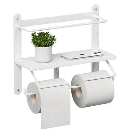 Homeiju Double Toilet Paper Holder with Shelf, Wooden Wall-Mounted Toilet Paper Roll Holder, Wall-Mounted Bathroom Organizer, Double Roll, Suitable for Bathrooms(White)