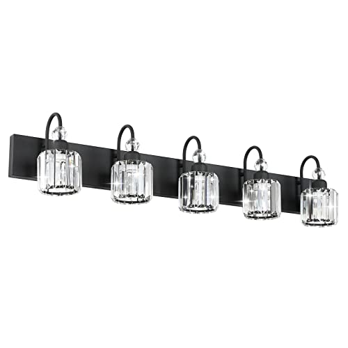 Ralbay Modern Crystal Black 5-Light Bathroom Vanity Light, Matte Black Crystal Bath Wall Light Fixtures - color: Round-Black, size: 5-light