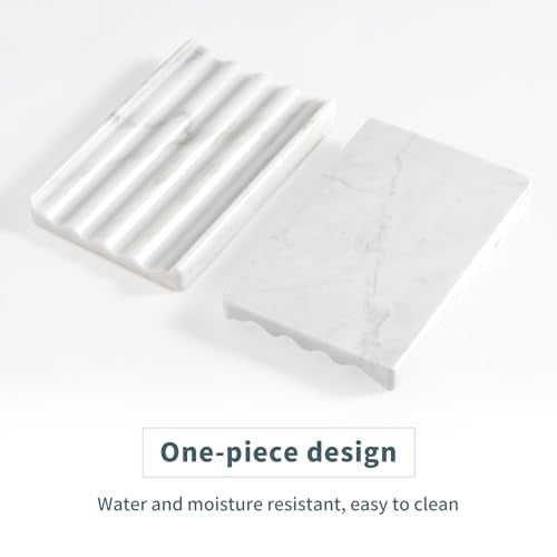 2 Pcs Soap Holder for Bathroom, Marble Soap Dish for Kitchen Countertop, Bathroom Tray with Creative Wavy Design, Soap Saver for Bath Tub, Sponges, Italian Natural Stone(Bianco Carrara) - color: Bianco Carrara