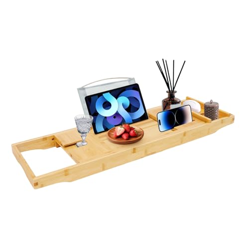 Premium Bathtub Tray Caddy, Expandable Bamboo Bath Tray with Storage, Wood Bath Trays for Tub, Unique House Warming Gifts, New Home, Mothers Day & Birthday Gifts
