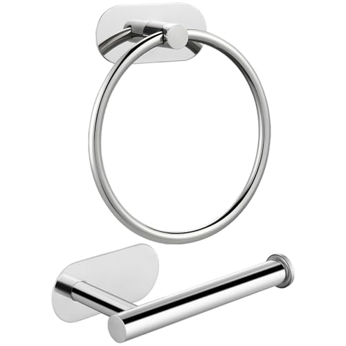 Self Adhesive Towel Ring and Toilet Paper Holder, No Drilling Stainless Steel Bathroom Hardware Set, Sturdy Bathroom Accessories for Home or Kitchen, Wall Mounted (Chrome) - color: Chrome