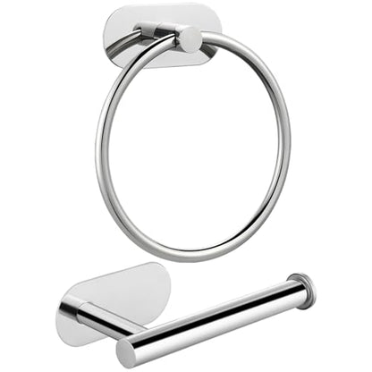 Self Adhesive Towel Ring and Toilet Paper Holder, No Drilling Stainless Steel Bathroom Hardware Set, Sturdy Bathroom Accessories for Home or Kitchen, Wall Mounted (Chrome) - color: Chrome
