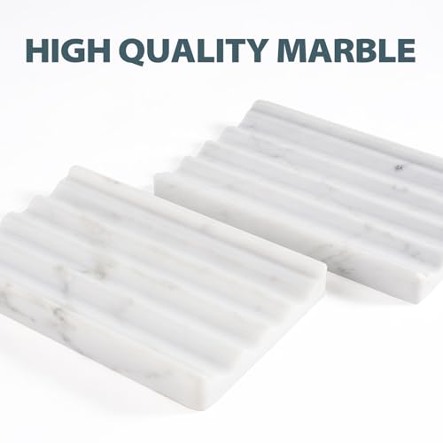 2 Pcs Soap Holder for Bathroom, Marble Soap Dish for Kitchen Countertop, Bathroom Tray with Creative Wavy Design, Soap Saver for Bath Tub, Sponges, Italian Natural Stone(Bianco Carrara) - color: Bianco Carrara