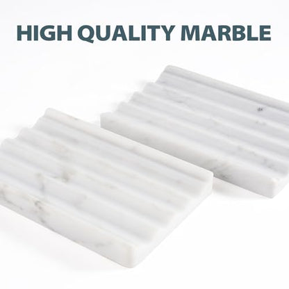 2 Pcs Soap Holder for Bathroom, Marble Soap Dish for Kitchen Countertop, Bathroom Tray with Creative Wavy Design, Soap Saver for Bath Tub, Sponges, Italian Natural Stone(Bianco Carrara) - color: Bianco Carrara