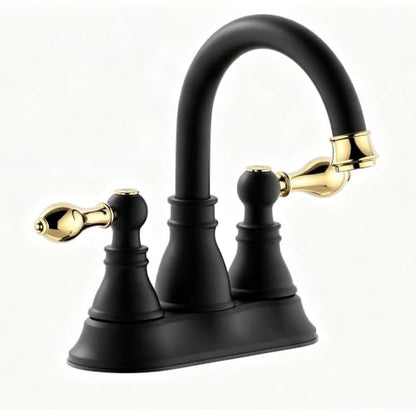 Matte Black with Brass 4 Inch Centerset Bathroom Faucet 3 Hole with Drain | Derengge High Arc Classic 2-Handle Bathroom Sink Faucet, Vanity Lavatory Faucet with 360° Swivel Spout,F-4501-MG - color: Matte Black with Polished Brass Trim