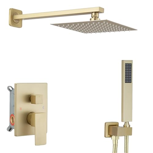 Brushed Gold Shower System Bathroom Luxury Rain Mixer Shower Combo Set Wall Mounted Rainfall Shower Head System Shower Faucet Rough-in Valve Body and Trim Kit - color: Brushed Gold, style: Handheld/Shower Faucet