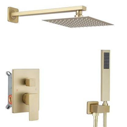 Brushed Gold Shower System Bathroom Luxury Rain Mixer Shower Combo Set Wall Mounted Rainfall Shower Head System Shower Faucet Rough-in Valve Body and Trim Kit - color: Brushed Gold, style: Handheld/Shower Faucet