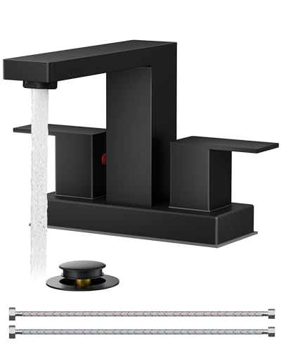 QFN 4 Inch Centerset Bathroom Faucet 2 or 3 Hole Two Handles Matte Black | Bathroom Sink Faucet Square with Pop-up Drain and 24" cUPC Supply Lines, Lead-Free for RV Vanity Laundry Farmhouse Sink - color: Matte Black, style: Centerset