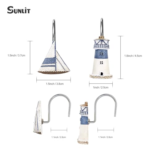 Sunlit Nautical Shower Curtain Hooks, Home Decorative Coastal Shower Curtain Rings for Bathroom, Resin, Ocean Shower Curtain Hanger Hooks for Living Room, Set of 12, Blue Lighthouse Sailboat - size: Sailboat & Lighthouse
