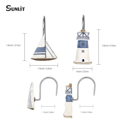 Sunlit Nautical Shower Curtain Hooks, Home Decorative Coastal Shower Curtain Rings for Bathroom, Resin, Ocean Shower Curtain Hanger Hooks for Living Room, Set of 12, Blue Lighthouse Sailboat - size: Sailboat & Lighthouse