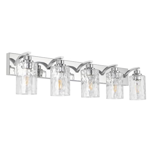 5-Light Bathroom Light Fixtures Modern Chrome Vanity Lights | Easy to Install Clear Hammered Glass Shades, Rippled Glow, Wall Mount Up or Down, E26 Socket, Hardwired, 120V - color: Chrome Hammer, size: 5 Lights