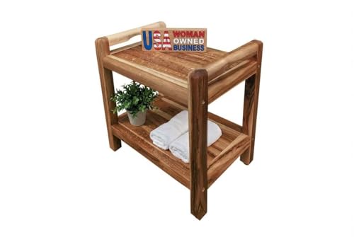 EcoDecors Eleganto 20 Inch Natural Color Waterproof Teak Wood Shower Bench Stool Seat Chair for Inside Shower Provides Safety, Storage, and Organization for Bathroom Accessories