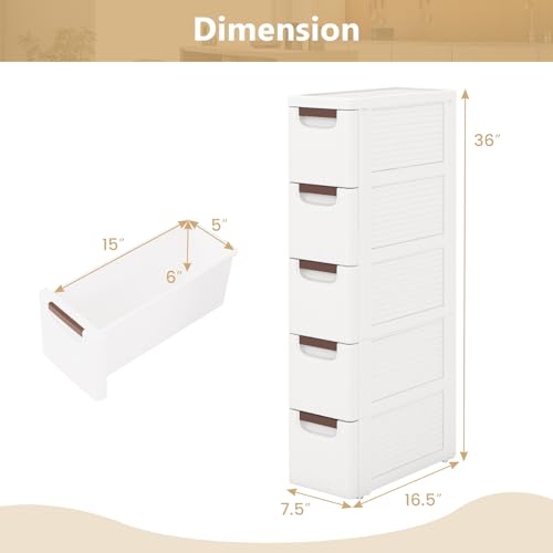 5-Drawer Narrow Storage Cabinet, Slim Rolling Cart (7.5"x16.5"x36") | Mobile Plastic Cart Container | Pull Handles & Built-in Wheels | For Living Room, Kitchen, Bathroom, Office - size: 7.5"x16.5"x36" (5 Drawer)