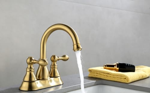 Brushed Gold 4 Inch Centerset Bathroom Sink Faucet 3 Hole with Pop up Drain | Derengge High Arc Classic 2-Handle Bathroom Faucet, Vanity Lavatory Faucet with 360° Swivel Spout，F-4501-CS - color: Brushed Gold