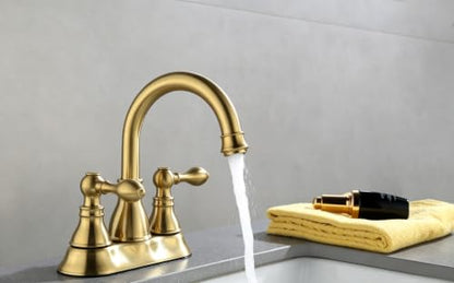 Brushed Gold 4 Inch Centerset Bathroom Sink Faucet 3 Hole with Pop up Drain | Derengge High Arc Classic 2-Handle Bathroom Faucet, Vanity Lavatory Faucet with 360° Swivel Spout，F-4501-CS - color: Brushed Gold