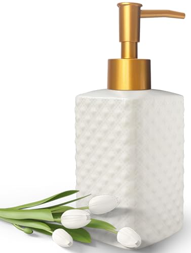 Chic Unique White Soap Dispenser for Bathroom with Golden Pump,Lotion Dispenser, Refillable Countertop Ceramic Hand Dispenser,Dish Dispenser for Kitchen 350ml(White Square Bottle) - color: White Square Bottle