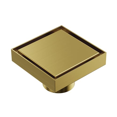 4 Inch Square Shower Floor Drain, SUS304 Stainless Steel with X-Shaped High Flow Channel, Anti-Clogging Hair Strainer, No Hub Required, Brushed Gold - color: Brushed Gold, size: 4