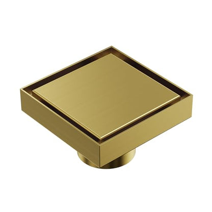 4 Inch Square Shower Floor Drain, SUS304 Stainless Steel with X-Shaped High Flow Channel, Anti-Clogging Hair Strainer, No Hub Required, Brushed Gold - color: Brushed Gold, size: 4
