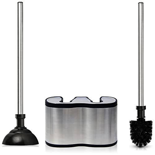Casaphoria Stainless Steel Toilet Bowl Brush with Holder and Plunger Set, Freestanding Canister for Bathroom, 2 in 1 Hideaway Holder Heavy Duty Unclogger Plunger - style: Deluxe Long_handle