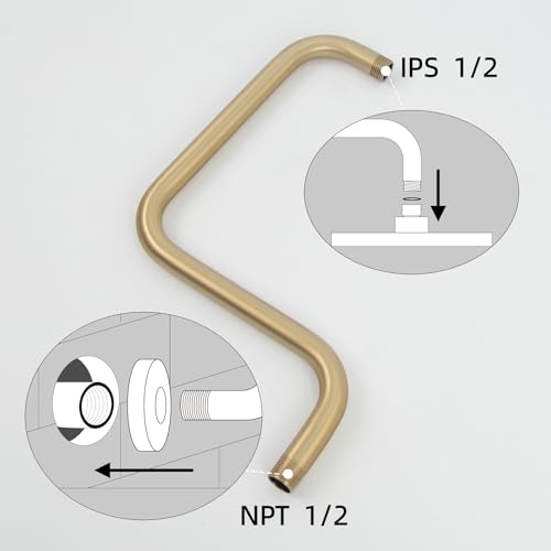 Shower Extension Arm, S shaped shower arm with Flange,Stainless Steel 13 Inch High Rise Shower Head Extender Arm,Brushed Gold,10Z4MK - color: Brushed Gold, style: S Shaped
