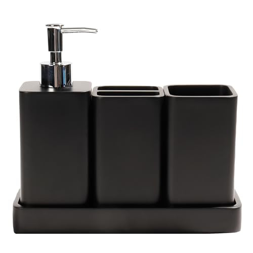 Bathroom Accessories Set, 4 Piece Toothbrush Holder Set - Black | Bathroom Accessory Set with Soap Dispenser, Toothbrush Holder, Tumbler, Vanity Tray, Bathroom Sink Set for Modern Home Decor - style: Black