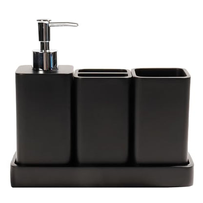Bathroom Accessories Set, 4 Piece Toothbrush Holder Set - Black | Bathroom Accessory Set with Soap Dispenser, Toothbrush Holder, Tumbler, Vanity Tray, Bathroom Sink Set for Modern Home Decor - style: Black
